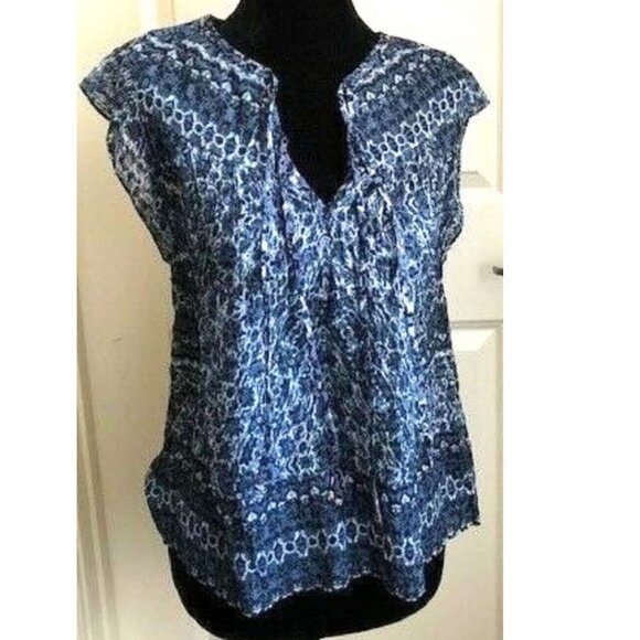 Rebecca Taylor Silk Cotton Blouse Womens 0 Blue Sleeveless Paisley Peasant Top - Picture 4 of 7